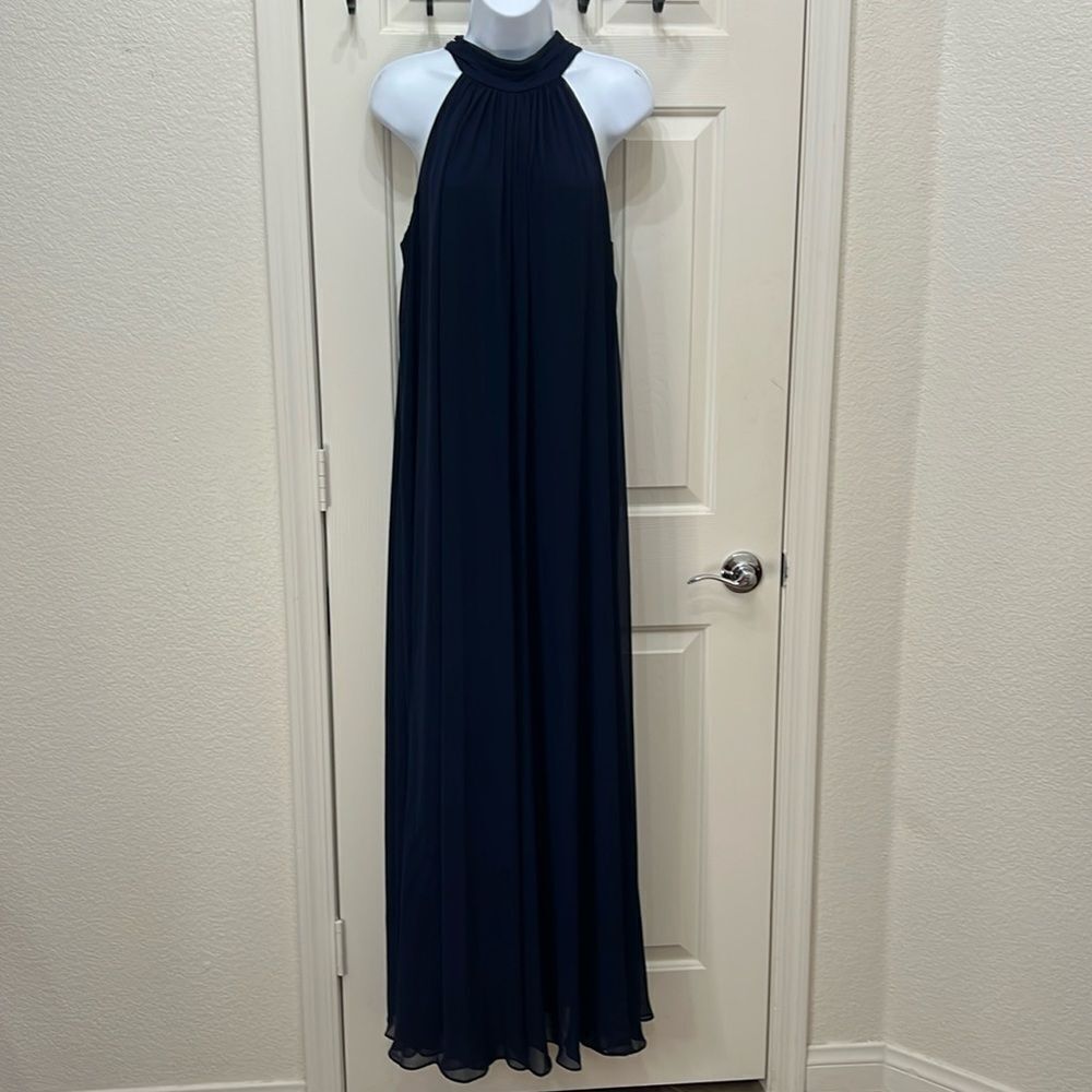 MSK Navy Blue Pant Jumpsuit Halter Sleeveless Sheer Wide Leg Maxi Open Tie Back